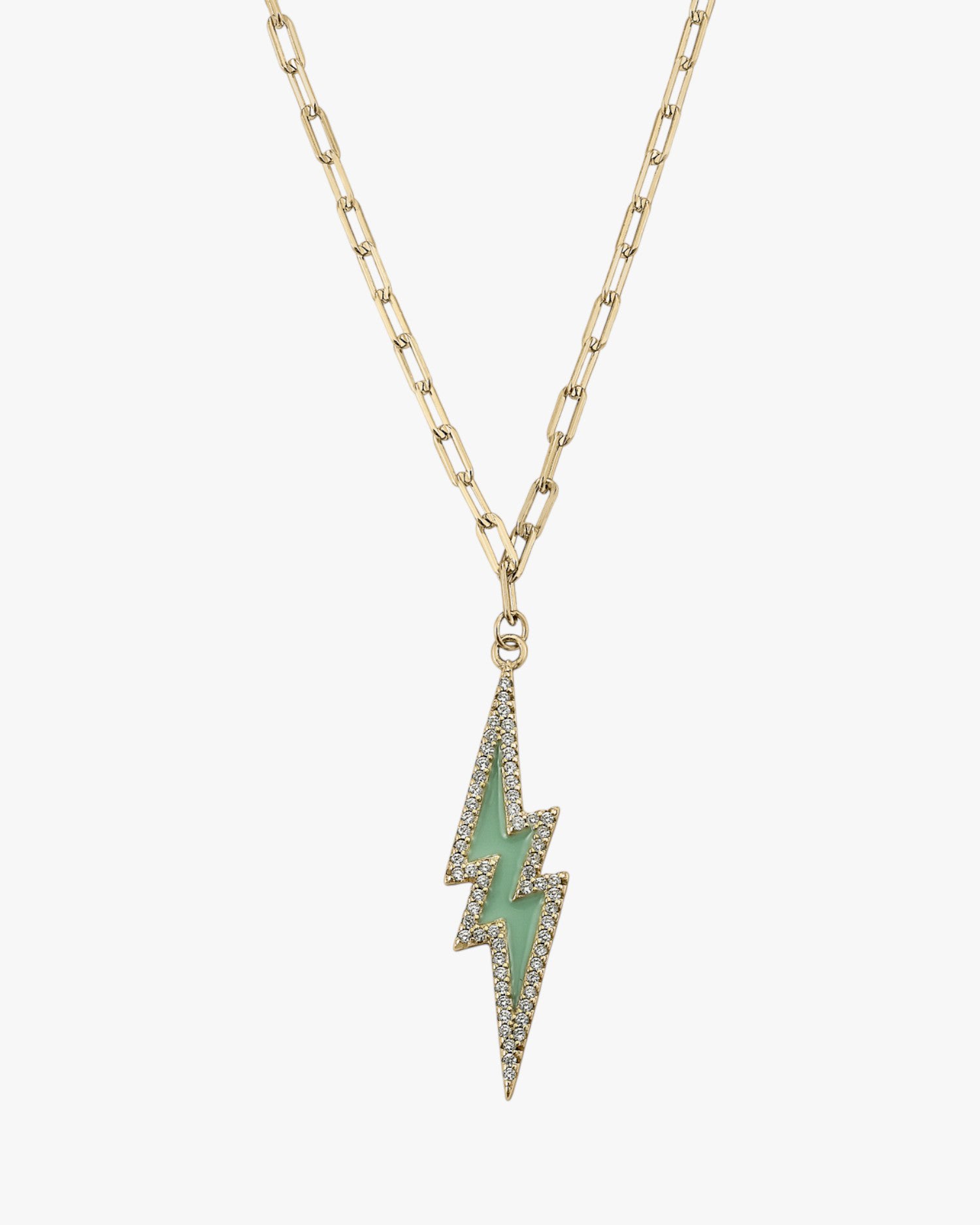Silver enamel pendant with green lightning bolt design