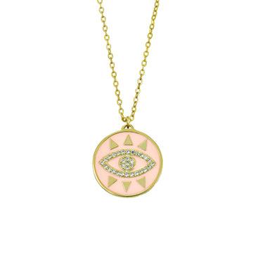 Collar medalla de esmalte rosa y ojo de circonitas