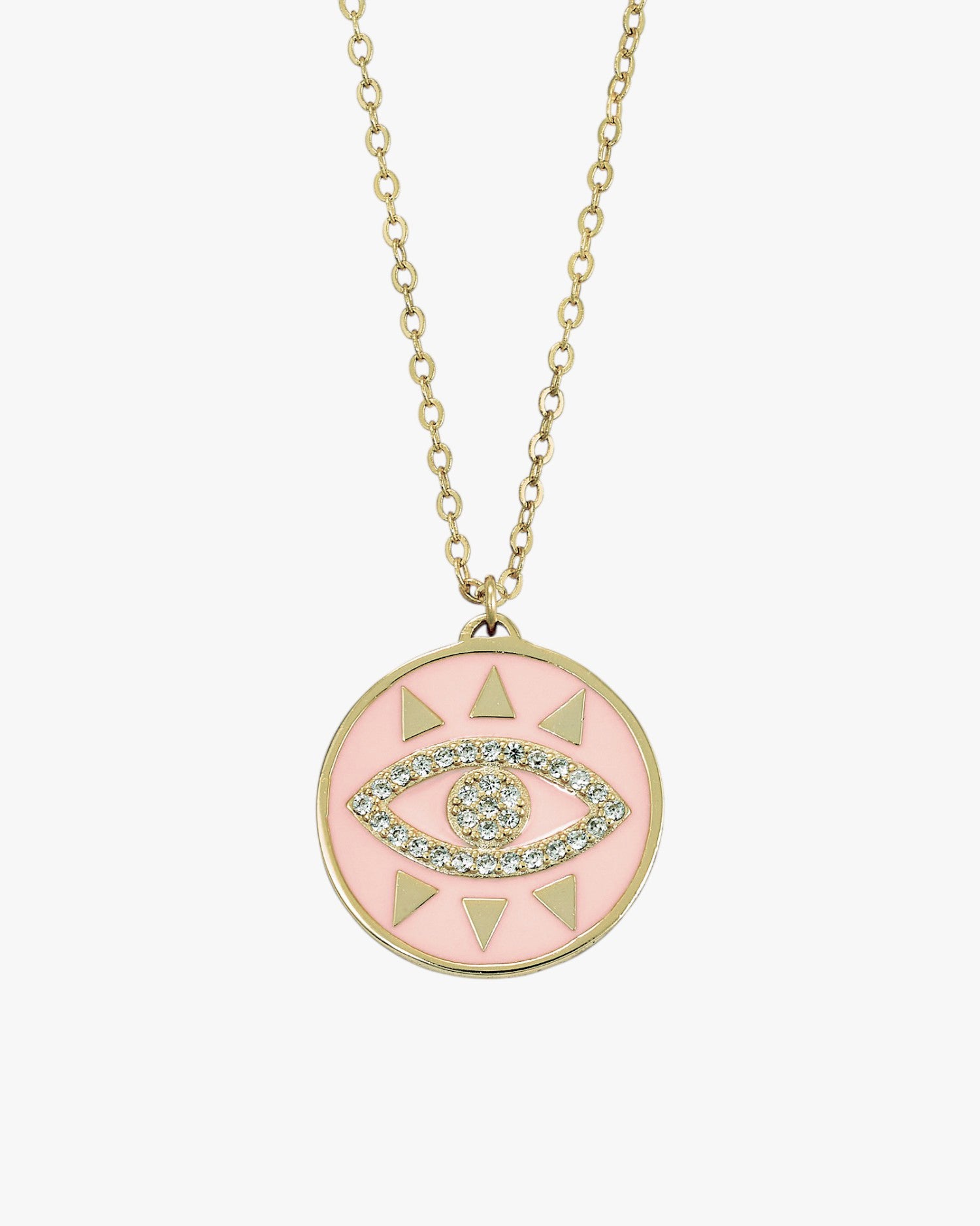 Pink enamel medallion necklace with cubic zirconia eye
