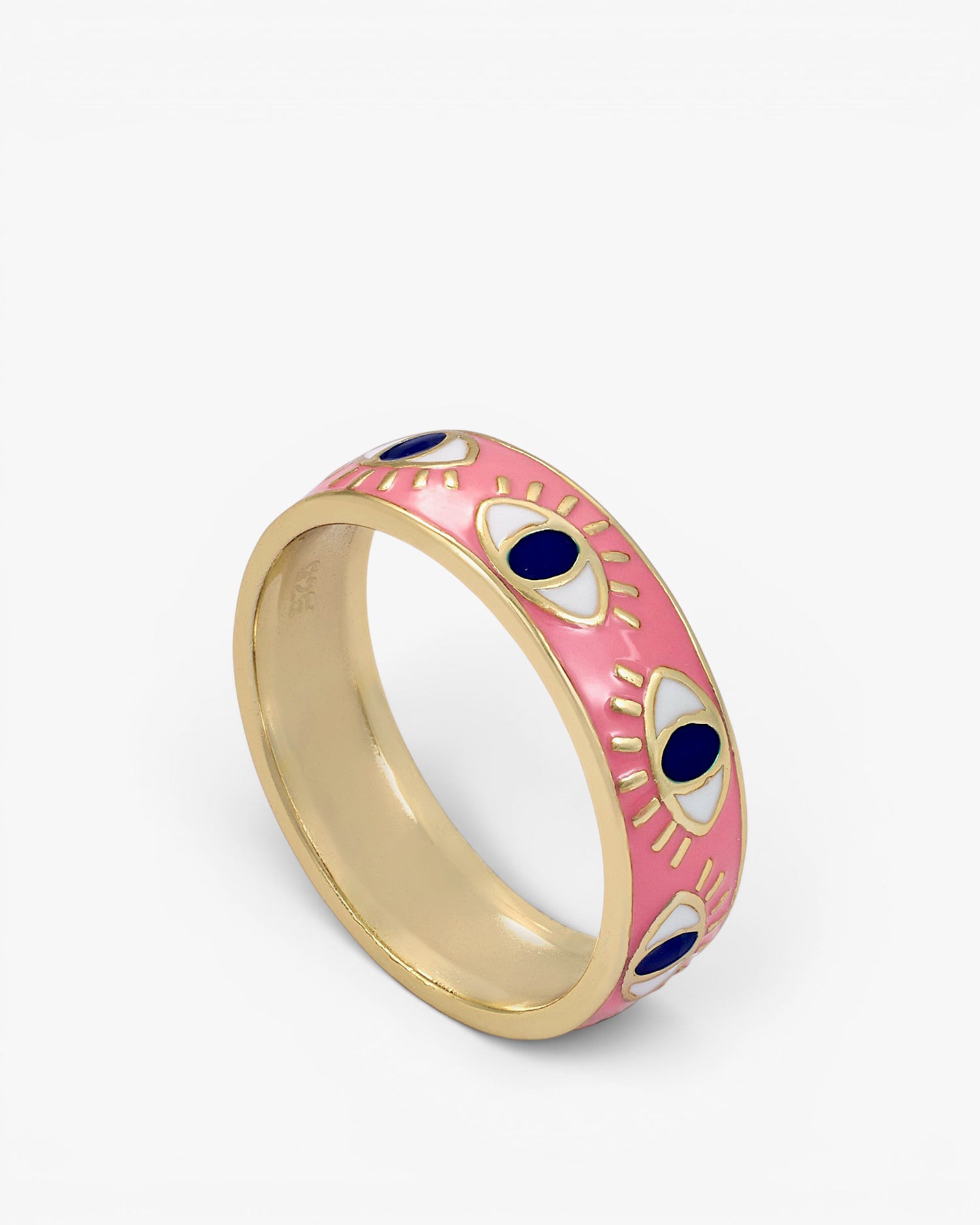 Pink enamel ring with border design and eye drawing