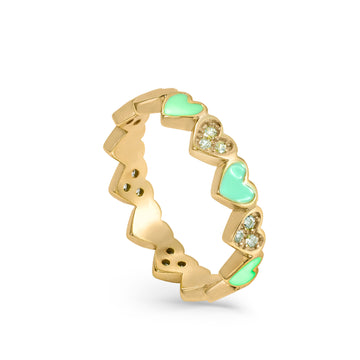 Bague en émail ornée d'un cœur vert menthe et de zirconiums cubiques