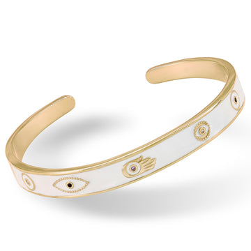 Pulsera esclava esmalte en plata diseño ojo y mano de fátima en blanco