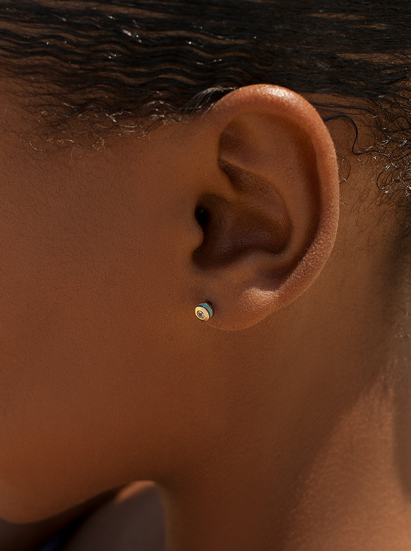 Pendientes botón diseño esmalte azul combinado con plata y circonita