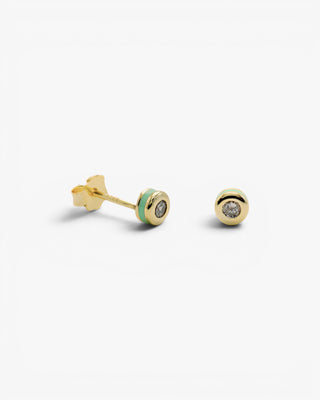 Pendientes botón diseño esmalte menta combinado con plata y circonita