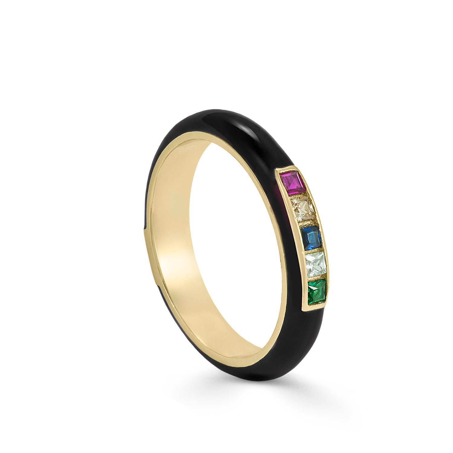 Anillo esmalte negro diseño cuarzos adamantinos multicolores