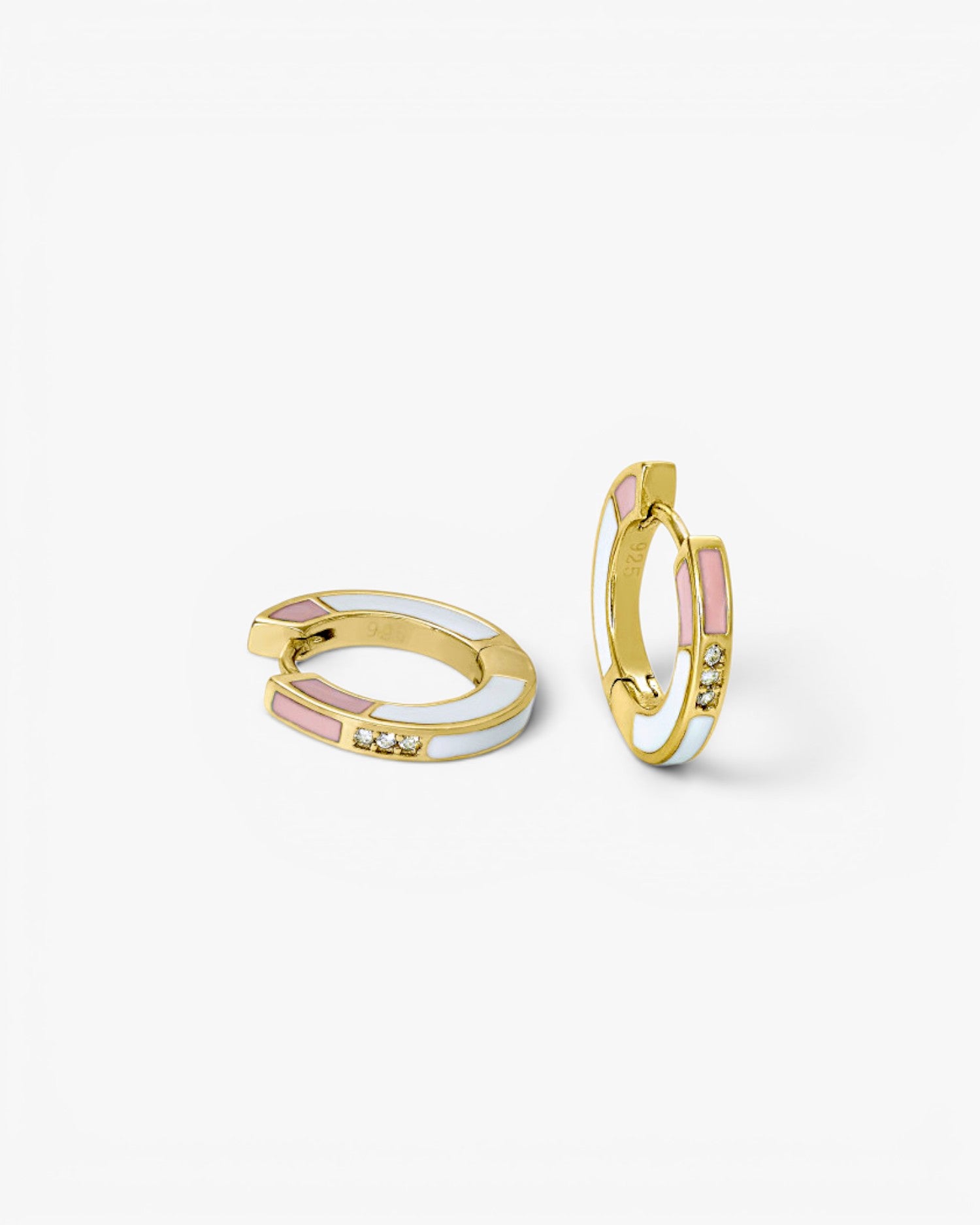 Small hoop earrings, pink and white enamel design with cubic zirconia