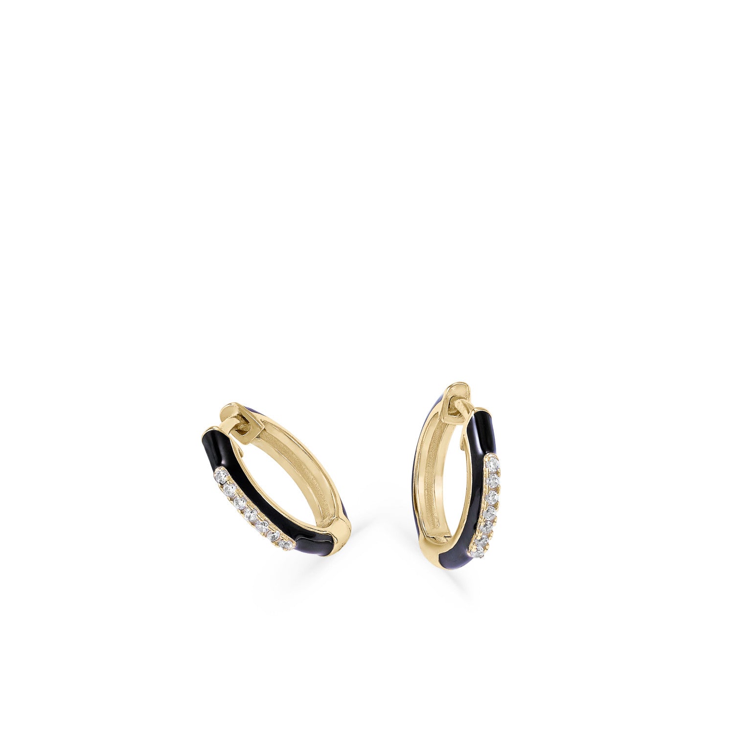 Small hoop earrings in silver and black enamel with a line of central cubic zirconia.