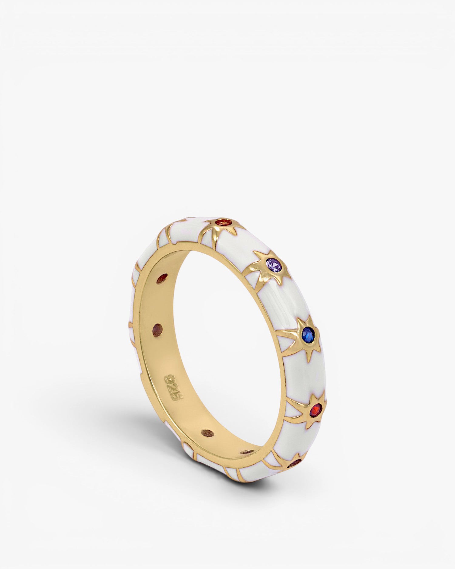 Anillo esmalte blanco diseño estrellas multicolores