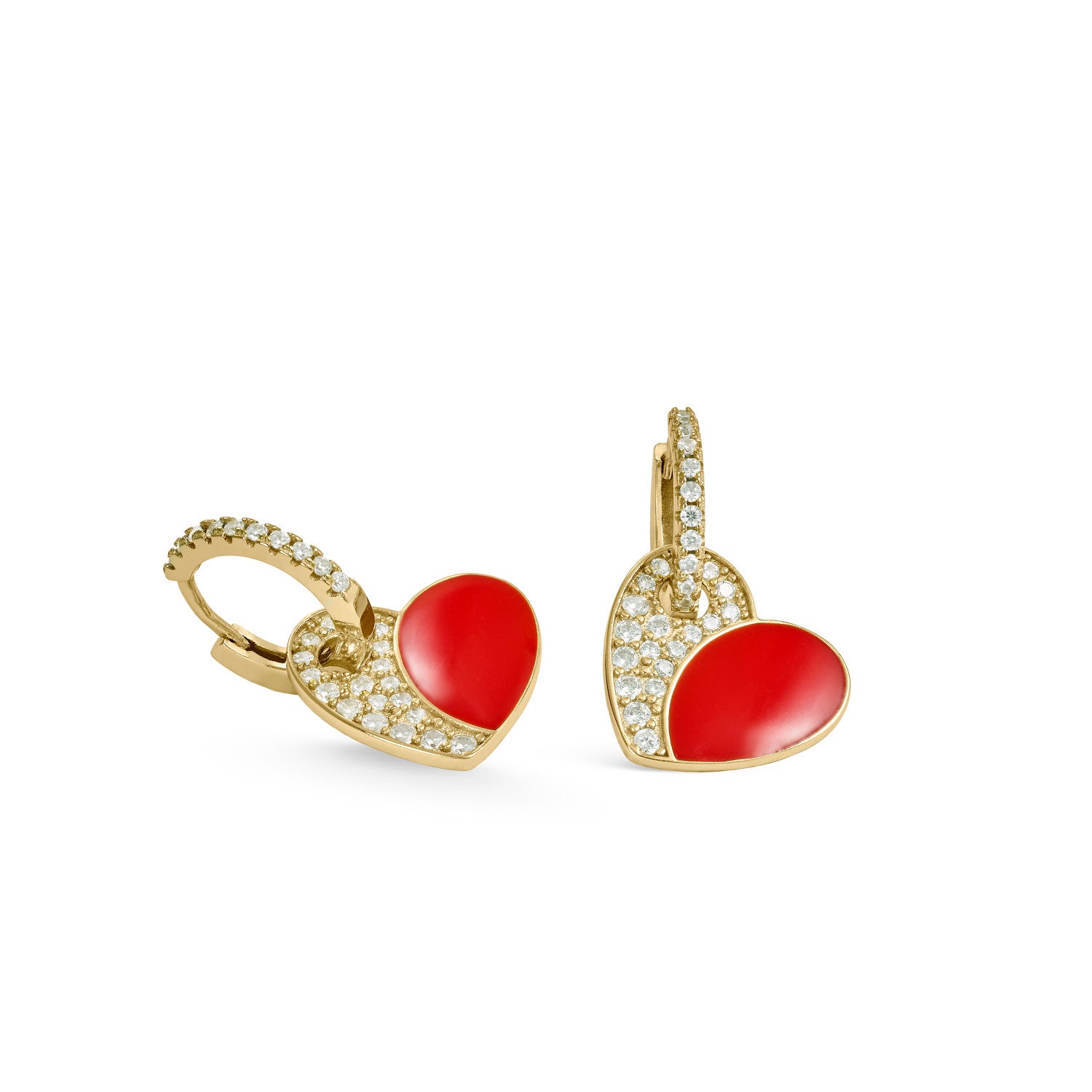 Boucles d'oreilles avec pendentifs en forme de cœur en émail rouge