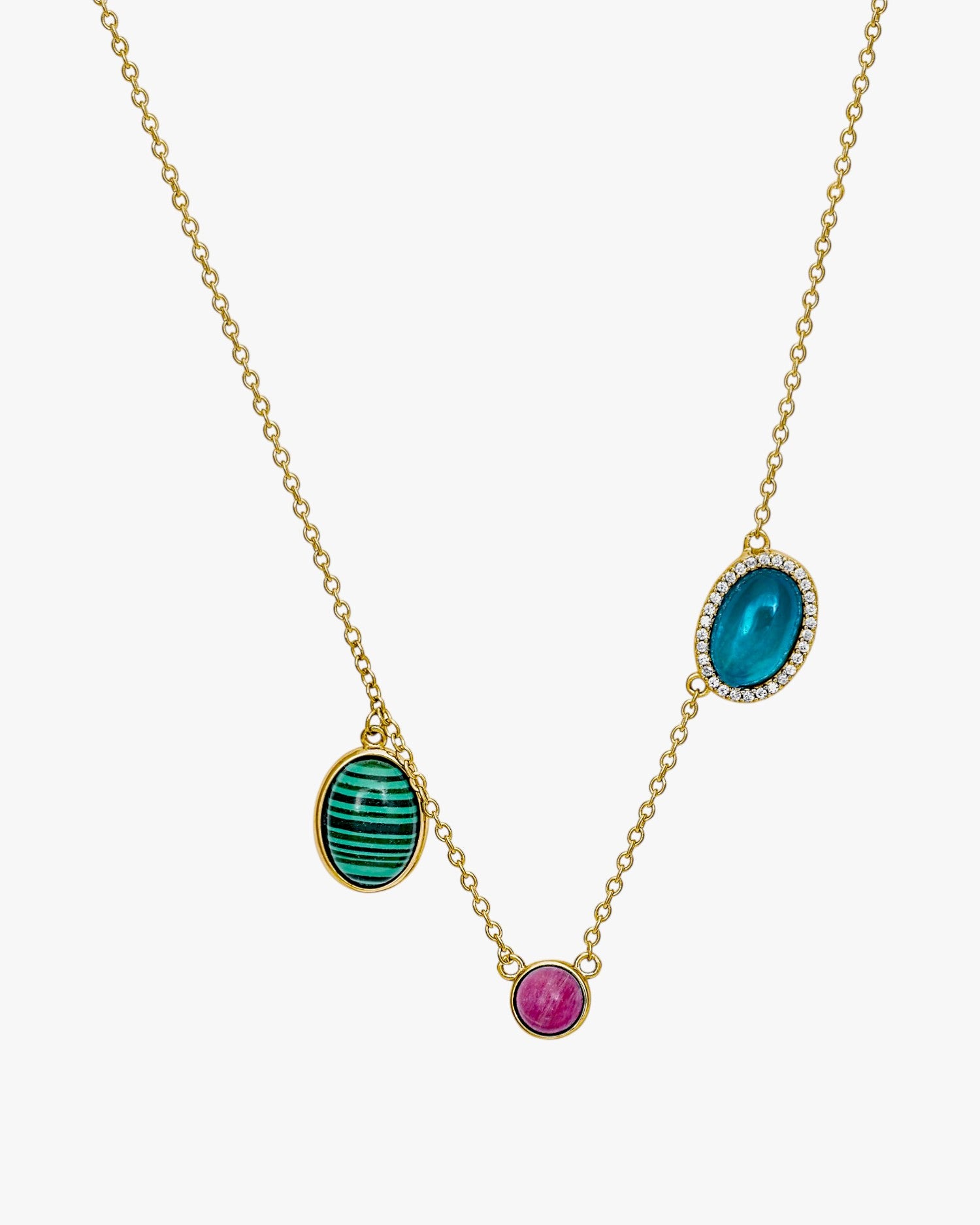 Necklaces with pendants featuring a design of three multicolored gems