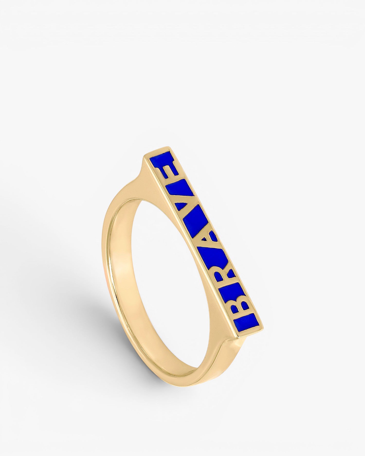 Thin silver rings with a "brave" design in enamel