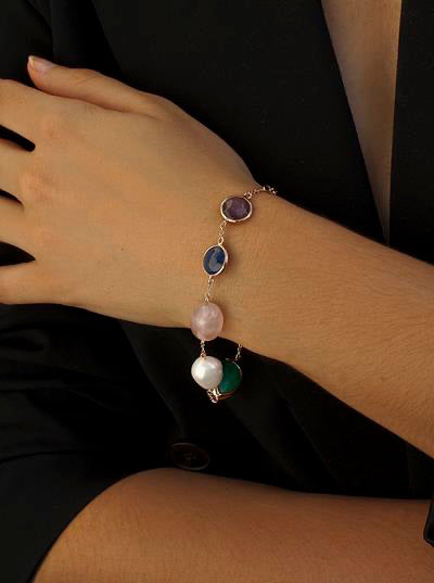 Pulseras con piedras en plata tonos morados y verdes con perlas