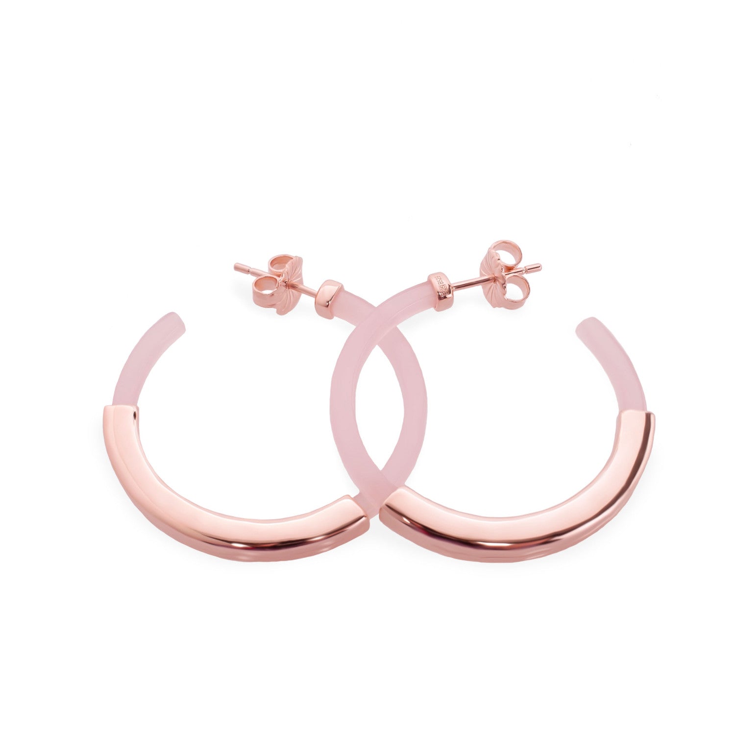 Pendientes aro diseño resina tono rosa y banda de plata lisa central