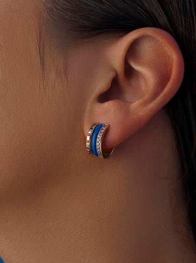 Pendientes aro pequeños diseño esmalte azul marino con circonita