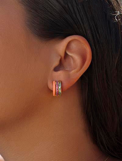 Pendientes aro pequeños diseño esmalte naranja con circonitas