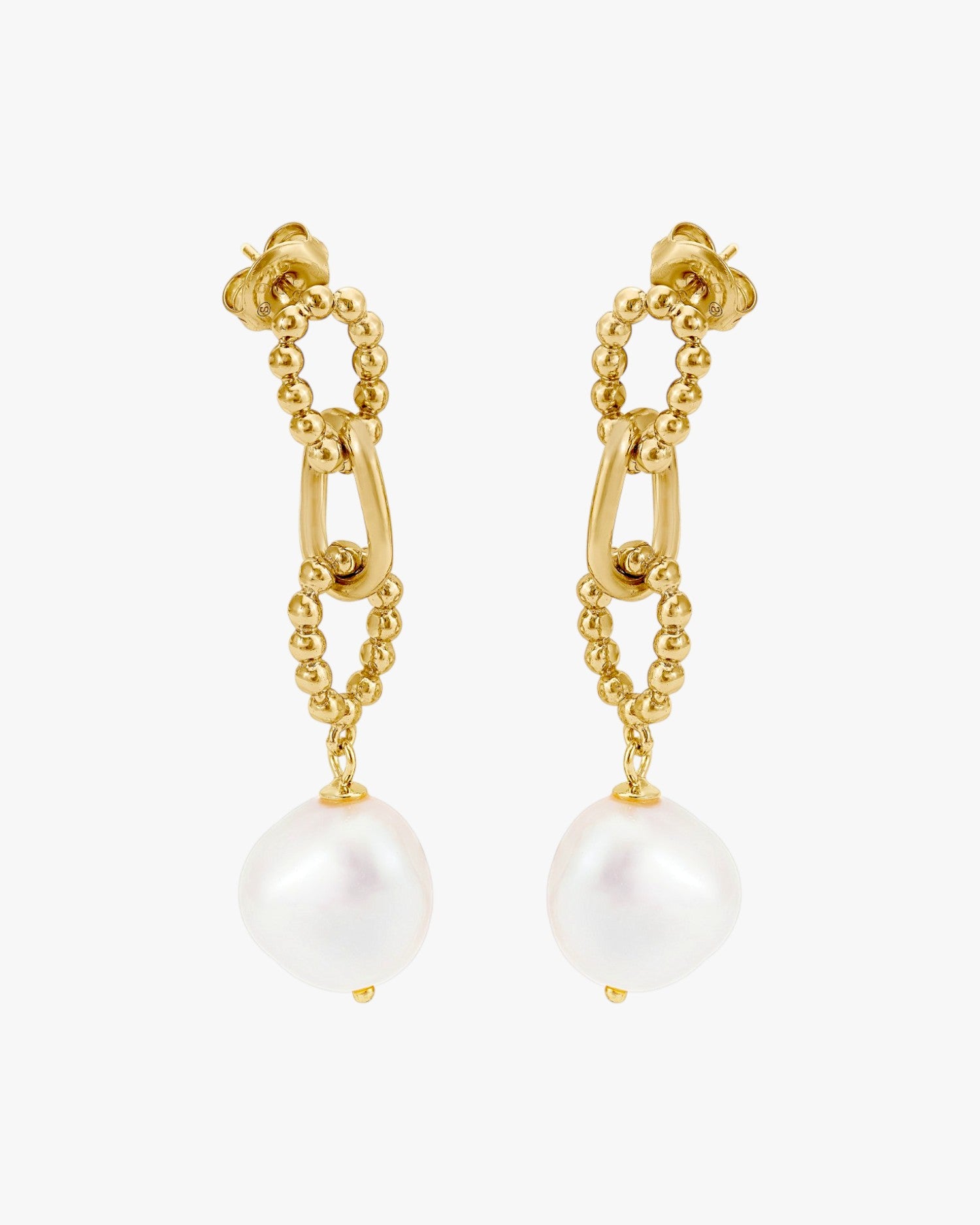 Pendientes largos de plata perlas diseño de eslabones dorados