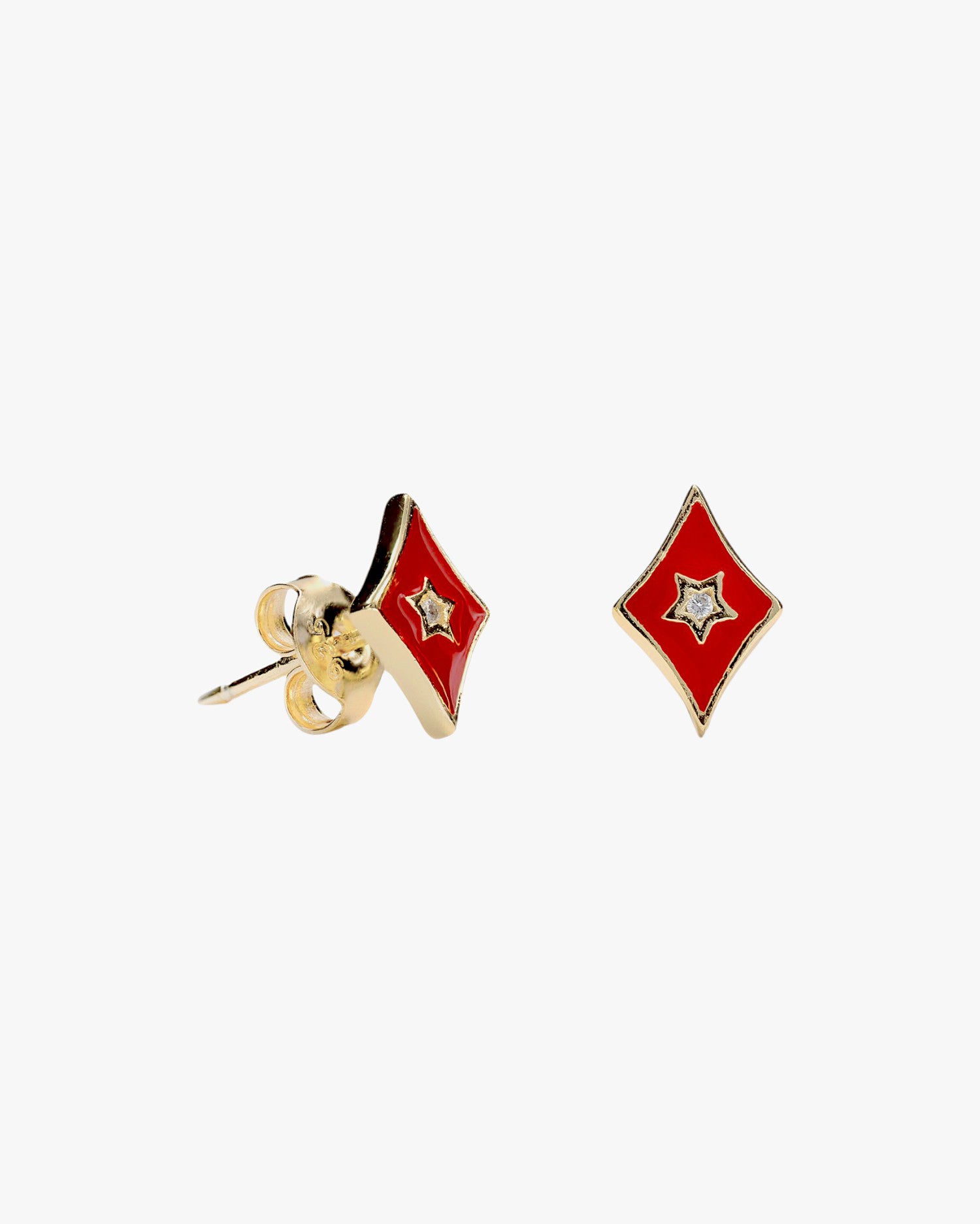 Small diamond-shaped earrings with red enamel