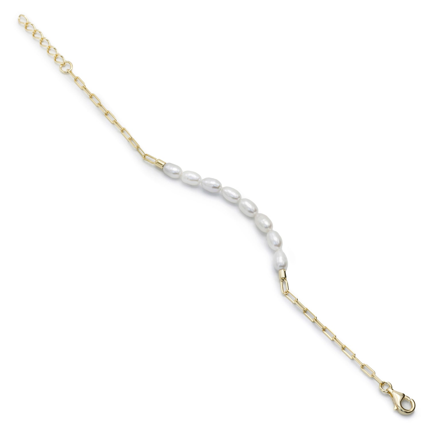 Pulseras de perlas diseño paper clip de plata con baño de oro