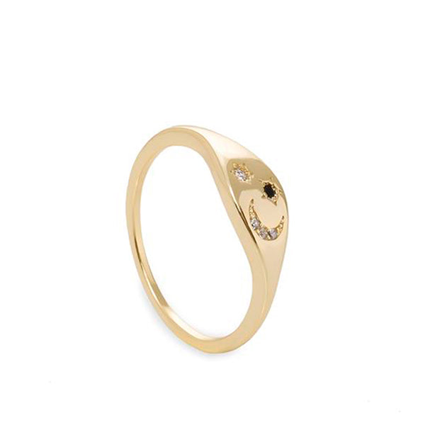 Anillo sello de plata motivo astral de luna y estrellas