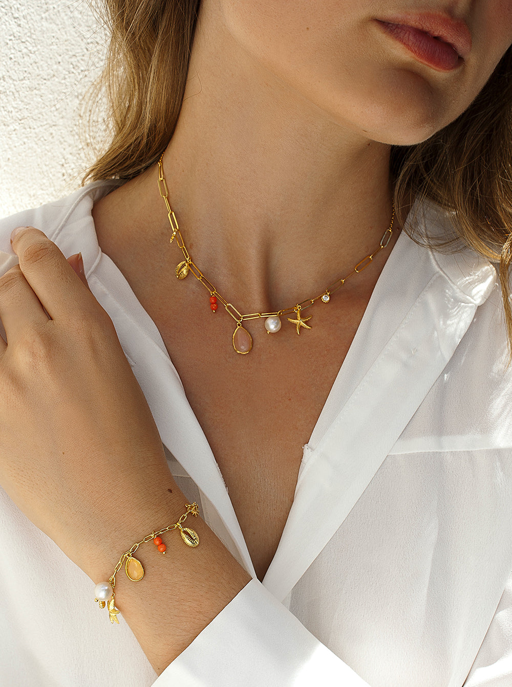 Collares con colgantes de plata con motivo marino rose quartz y coral