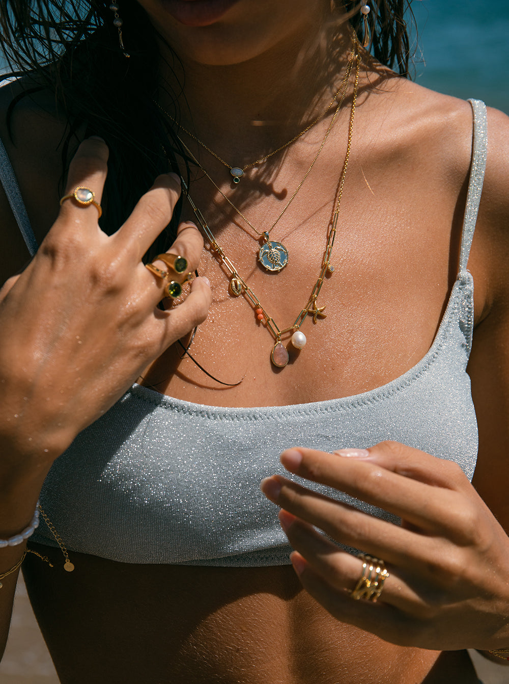 Collares con colgantes de plata con motivo marino rose quartz y coral
