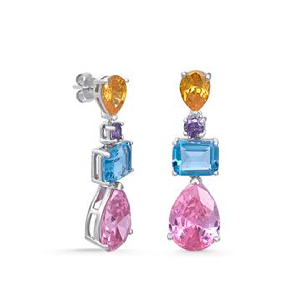 Silver earrings with colored stones, pendant design with gems