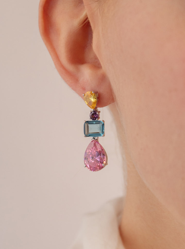 Silver earrings with colored stones, pendant design with gems