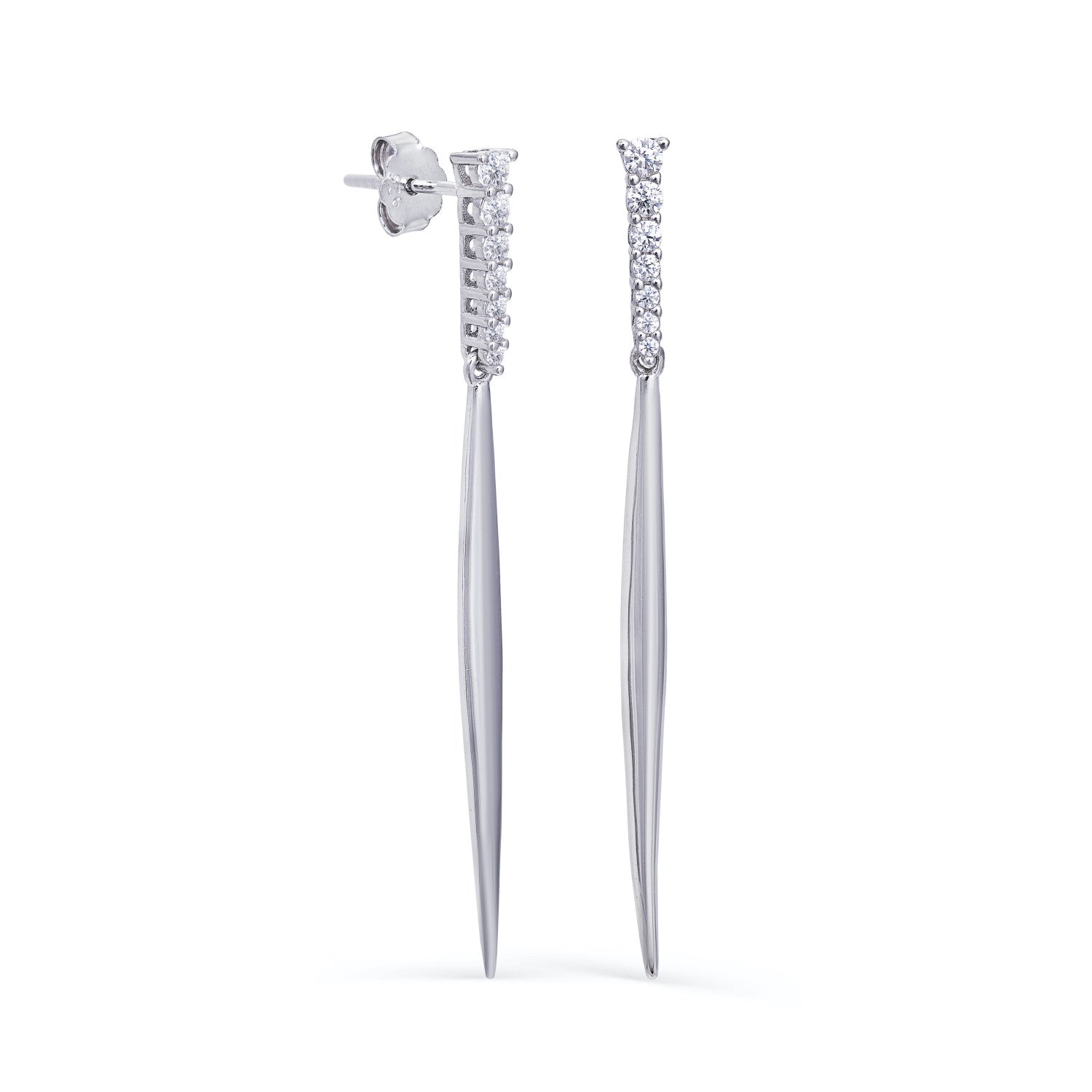 Long, static silver earrings with a strip of cubic zirconia and a pointed bar.