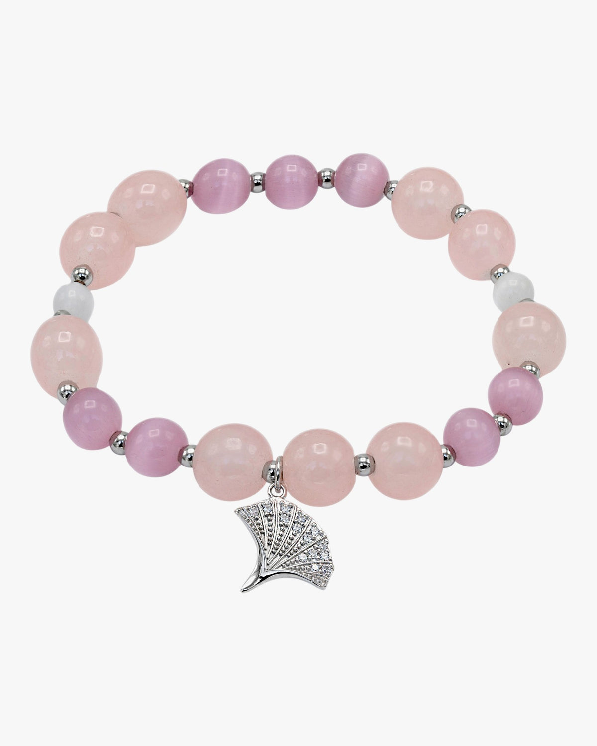 Bracelets with silver beads, rose quartz, and an open flower charm