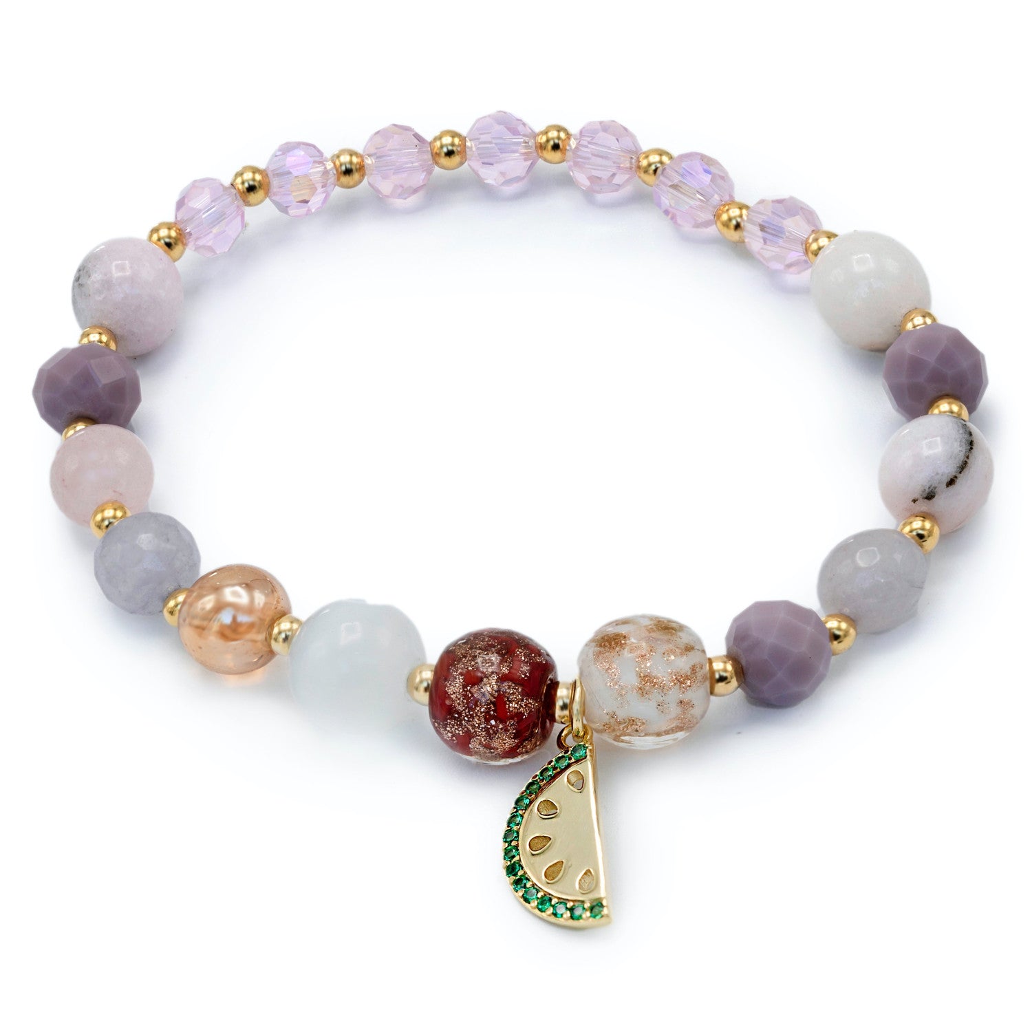 Bracelets with silver beads, rose quartz and watermelon charm