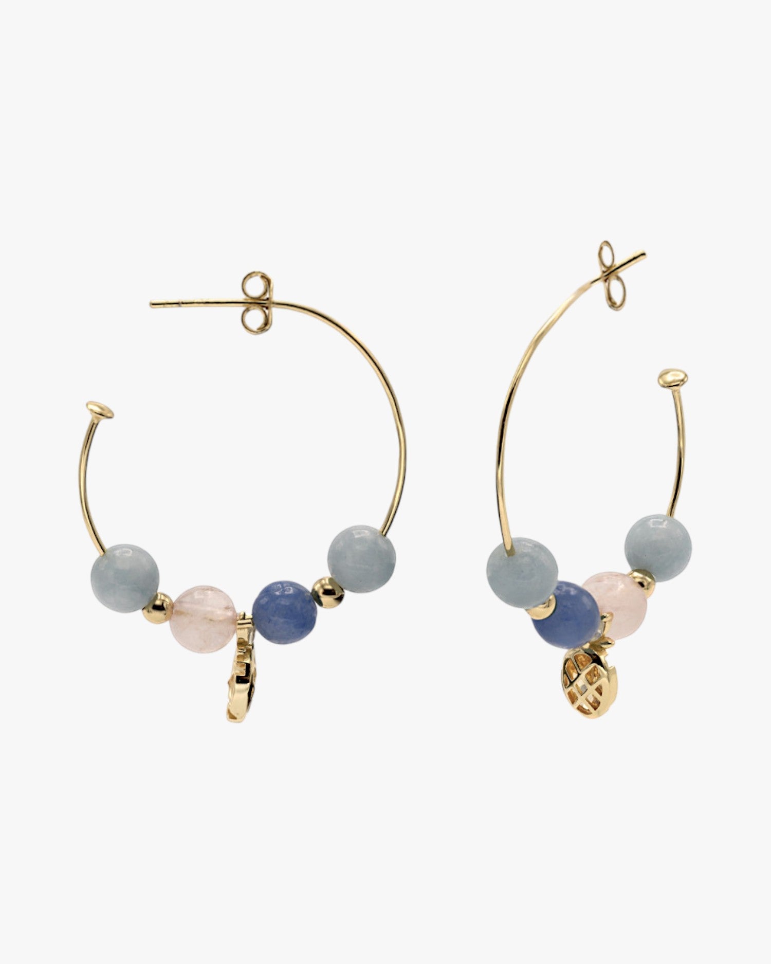 Boucles d'oreilles créoles ornées d'un pendentif ananas et de perles bleues