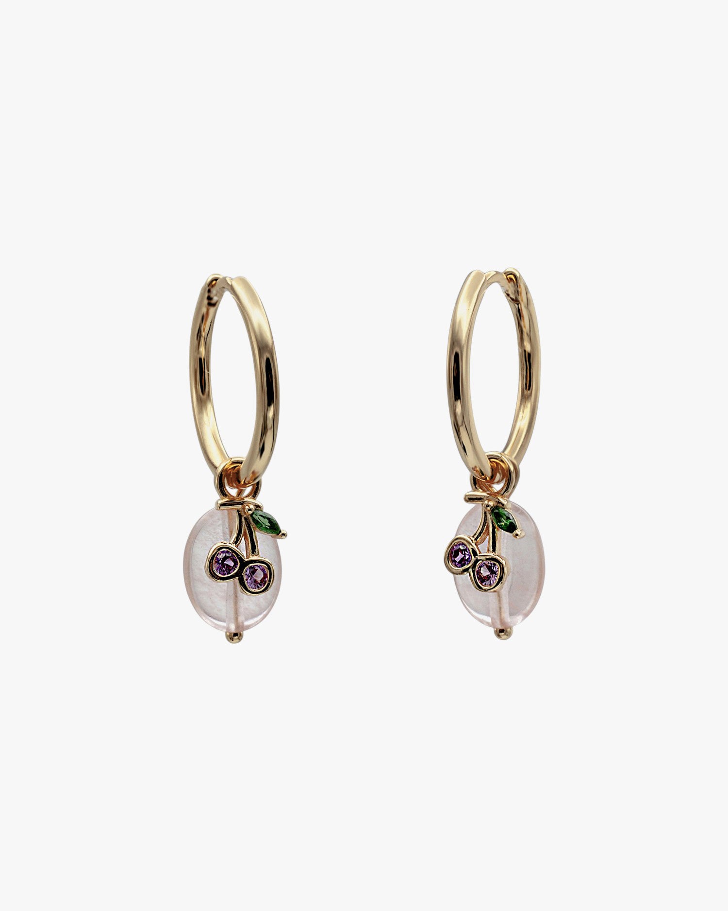 Silver earrings with cherry charm pendants with cubic zirconia and semi-precious stones