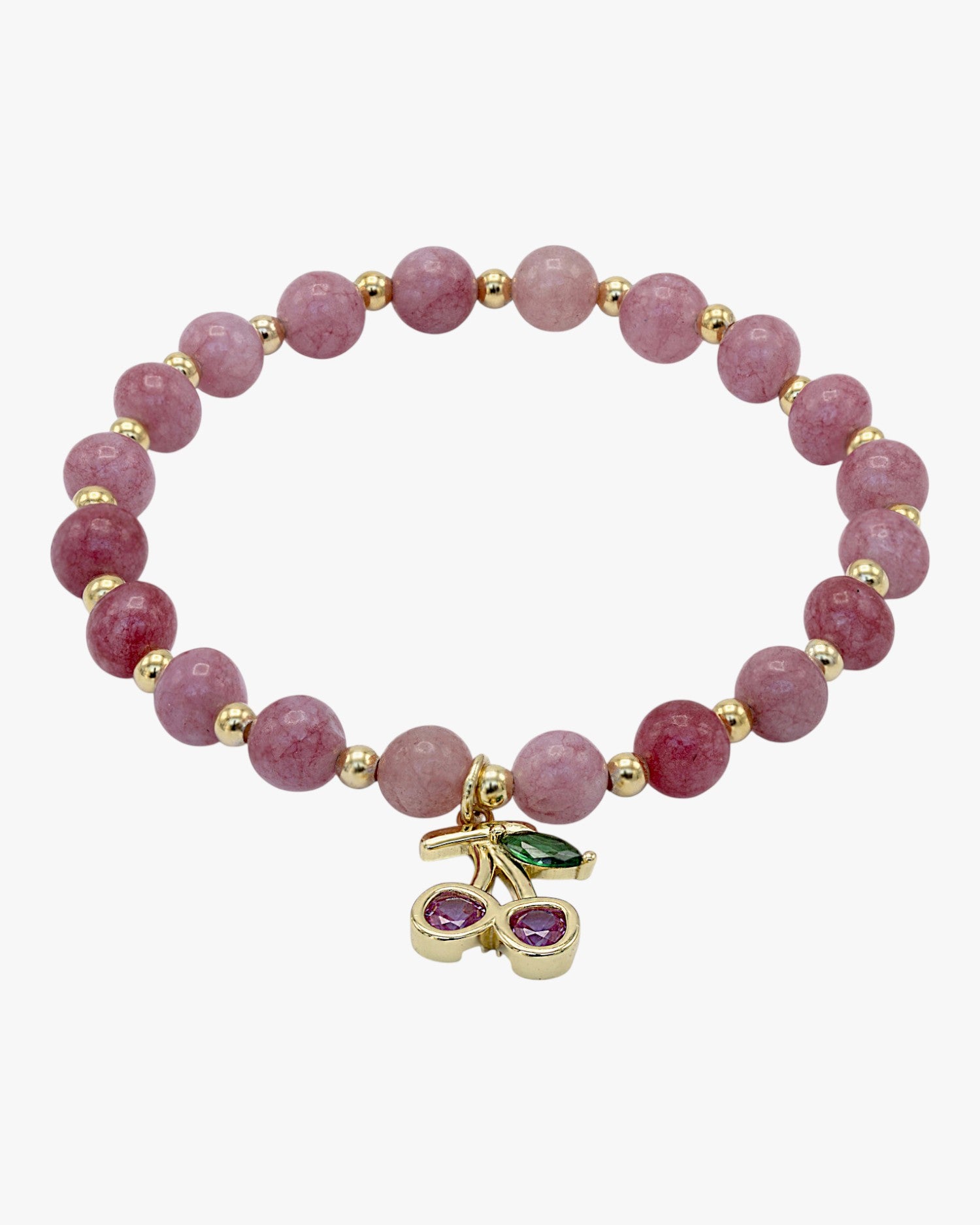 Pulseras de bolas de plata de rodonita y charm de cereza con circointas