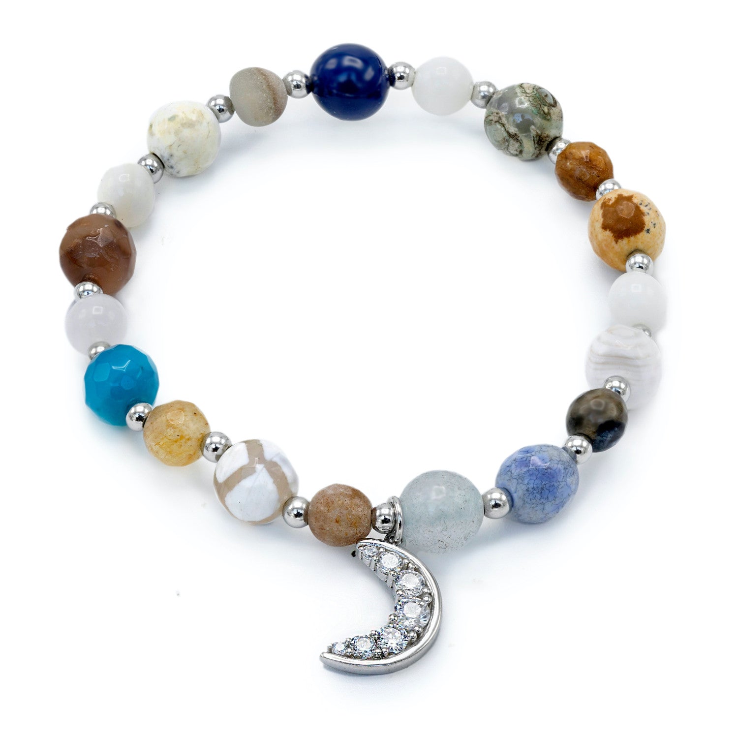 Silver bead bracelets with moon charm, rhinestones, and semi-precious stones