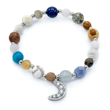 Pulseras de bolas de plata charm de luna con brillantes y piedras semipreciosas