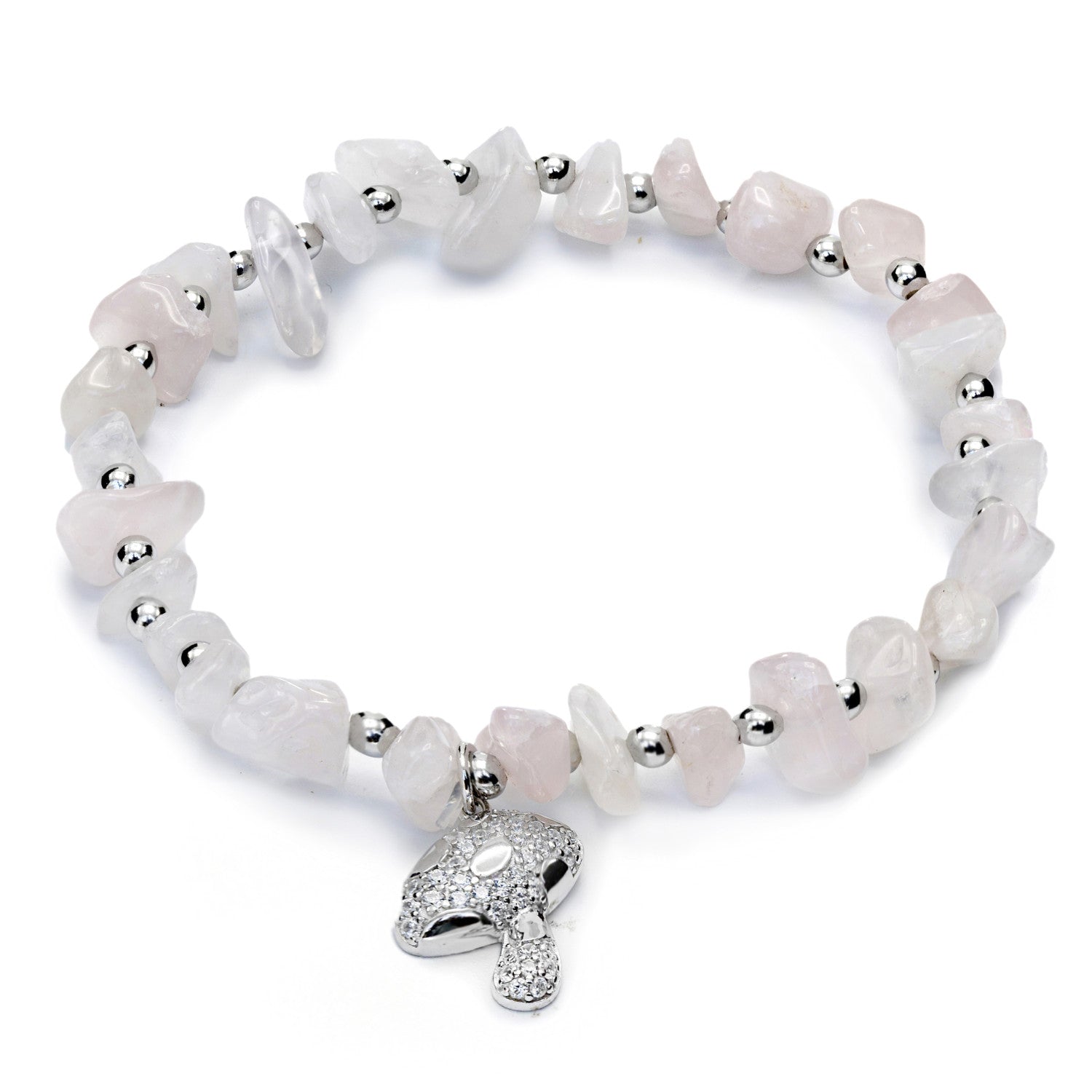 Silver bead bracelets with mushroom and quartz charm