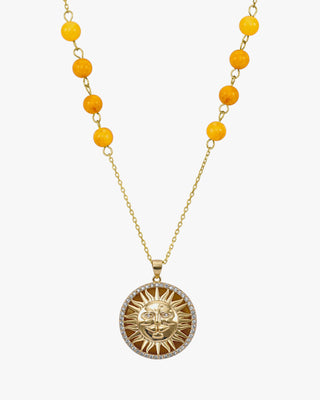 Collar medalla de plata con motivo de sol de plata lisa piedras semipreciosas y esmalte naranja
