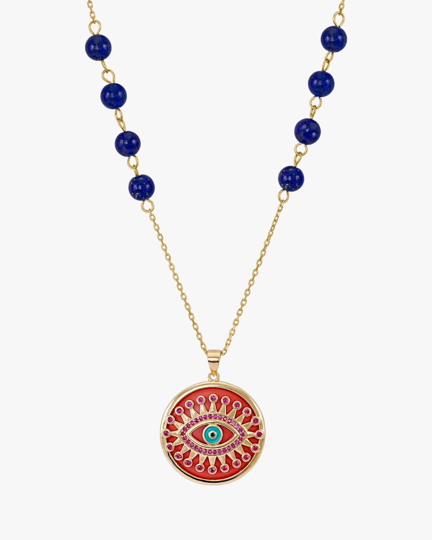 Necklace with a central eye motif medal, cubic zirconia, and blue enamel