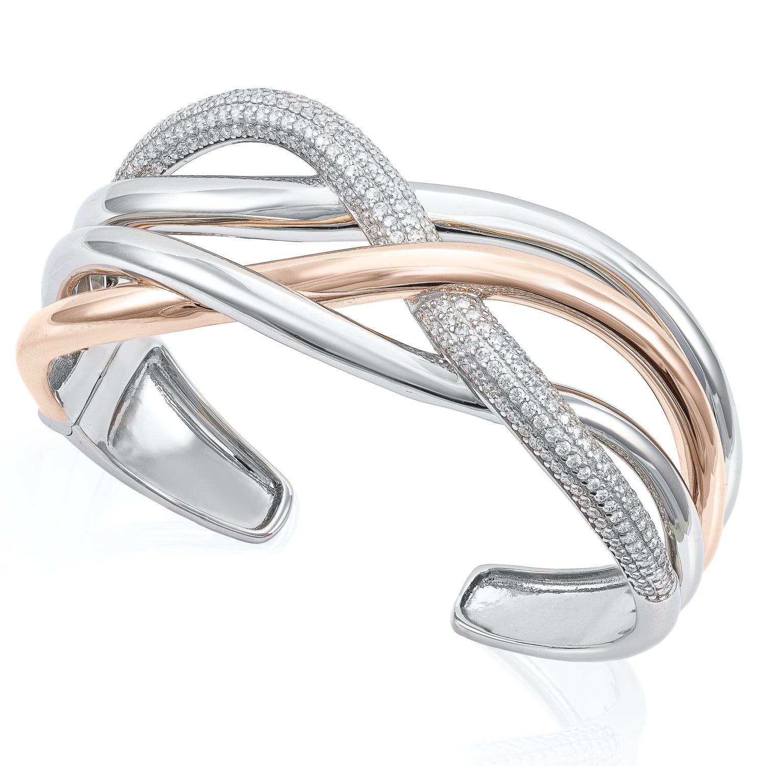 Pulsera esclava de plata raíles bicolor con circonitas