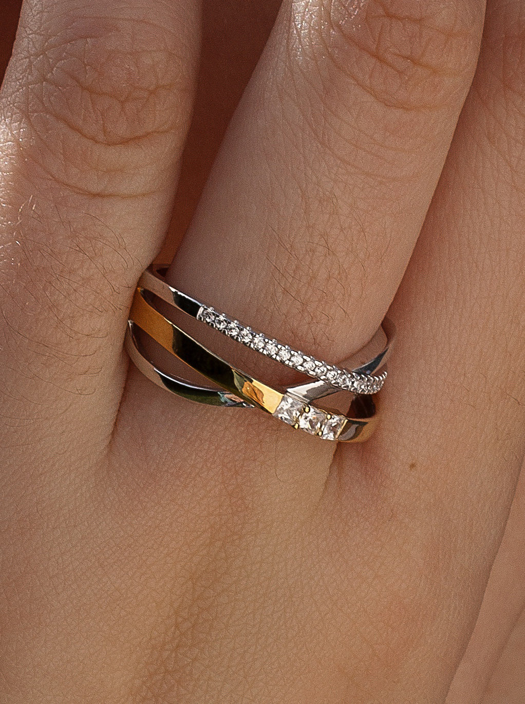 Anillos circonitas de plata cruzado triple