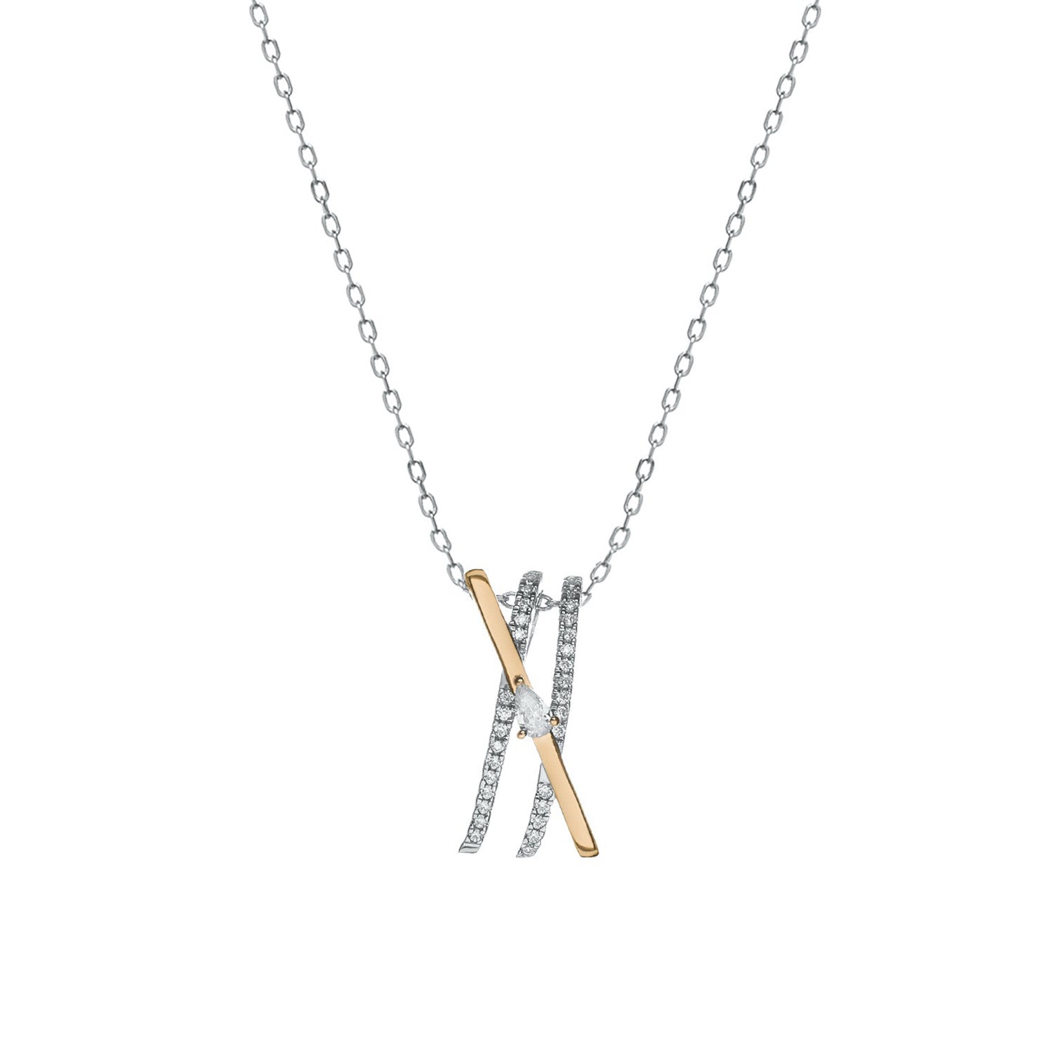pendant two tone with crossed golden rail and zirconias rails