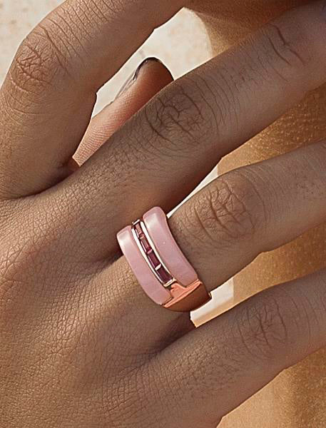 Designer rings with resin and pink gemstones