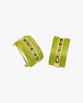 Omega clasp earrings, resin design and green gems