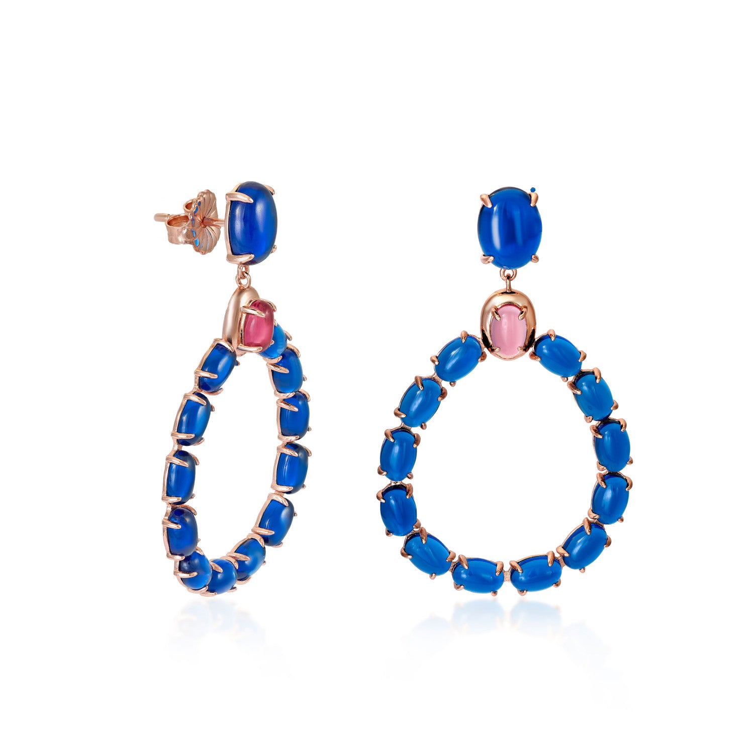 Pendientes largos de plata con cuerpo de circonitas azurita y fucsia