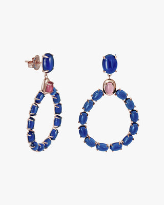 Pendientes largos de plata con cuerpo de circonitas azurita y fucsia