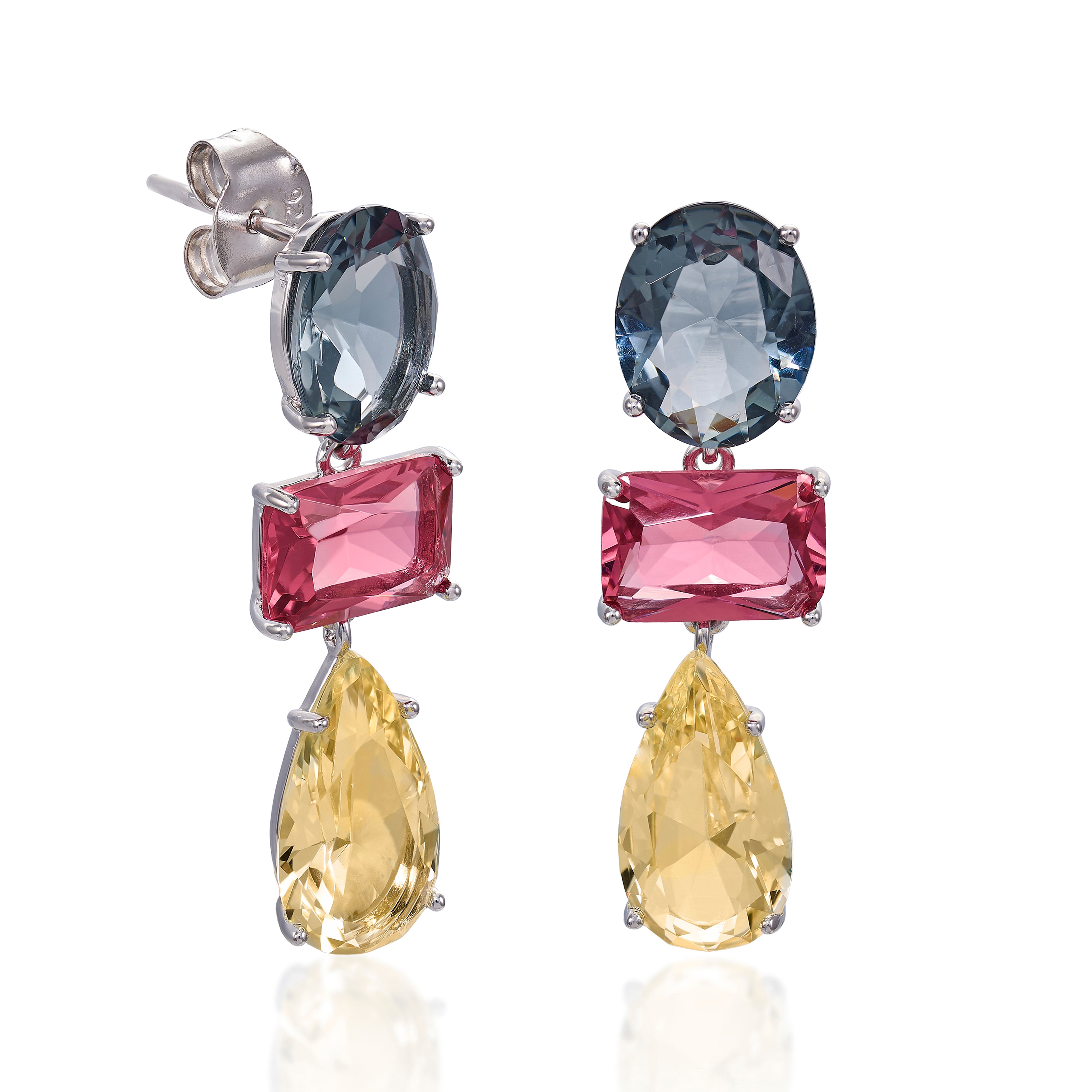 Pendientes de plata con piedras de colores en talla redonda esmeralda y pera