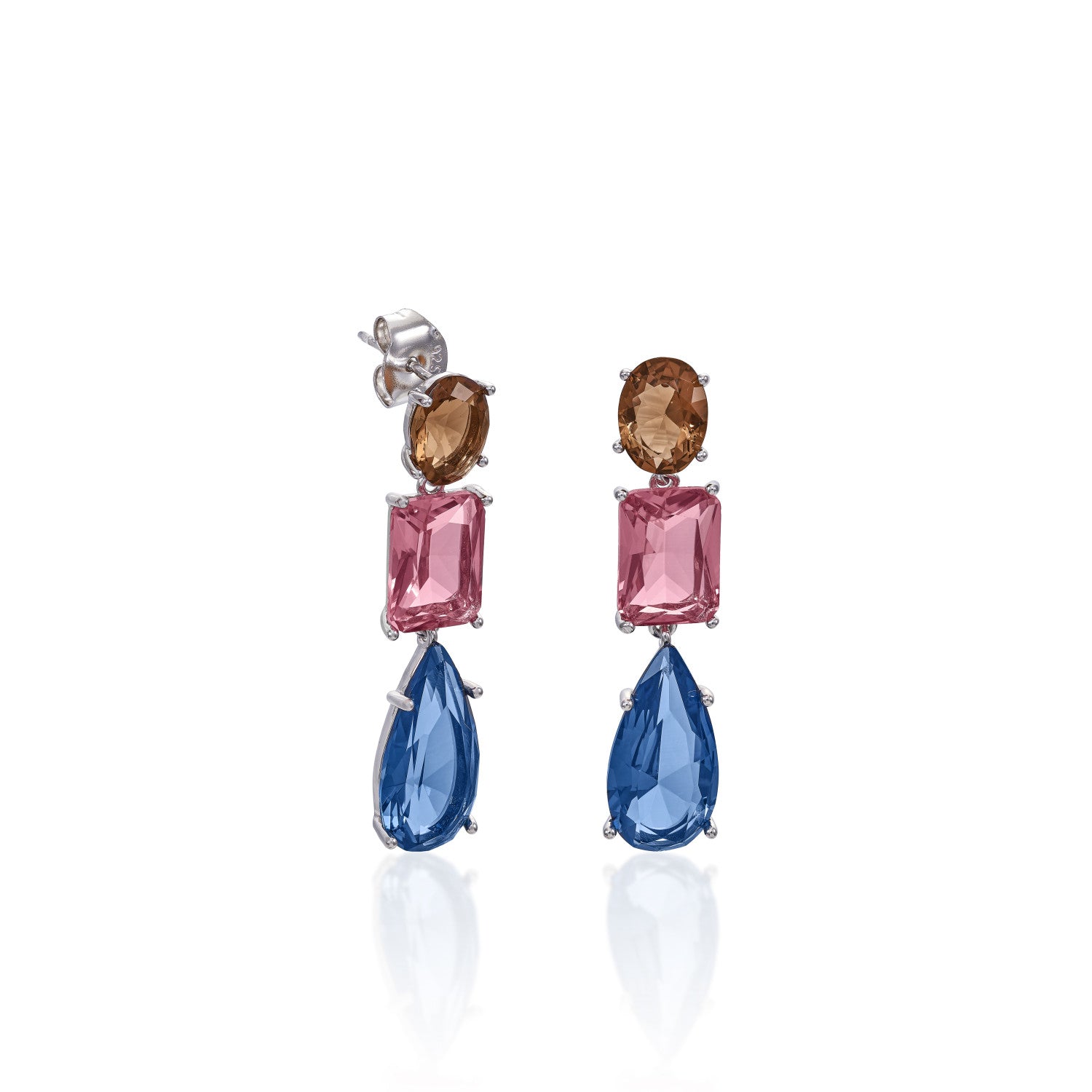 Boucles d'oreilles en argent ornées de pierres colorées de tailles et de nuances différentes