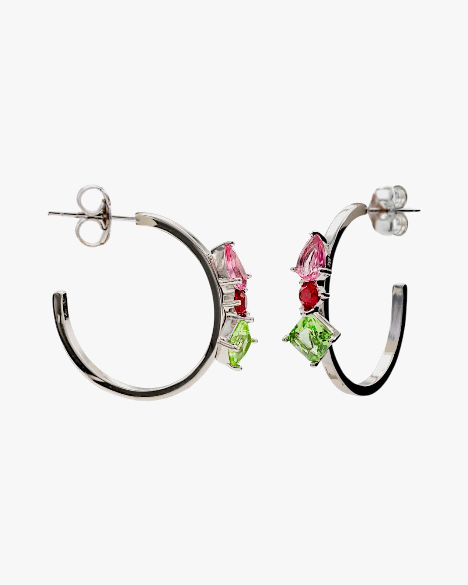 Hoop earrings with stones, design of three adamantine quartz