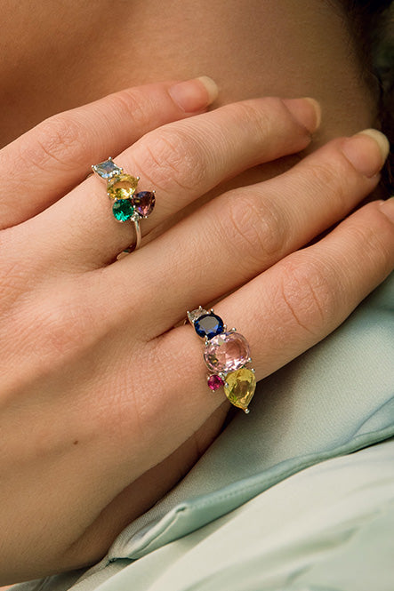 Rings with bright colored stones and cubic zirconia