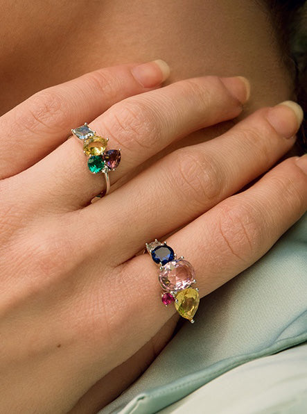 Rings with bright colored stones and cubic zirconia